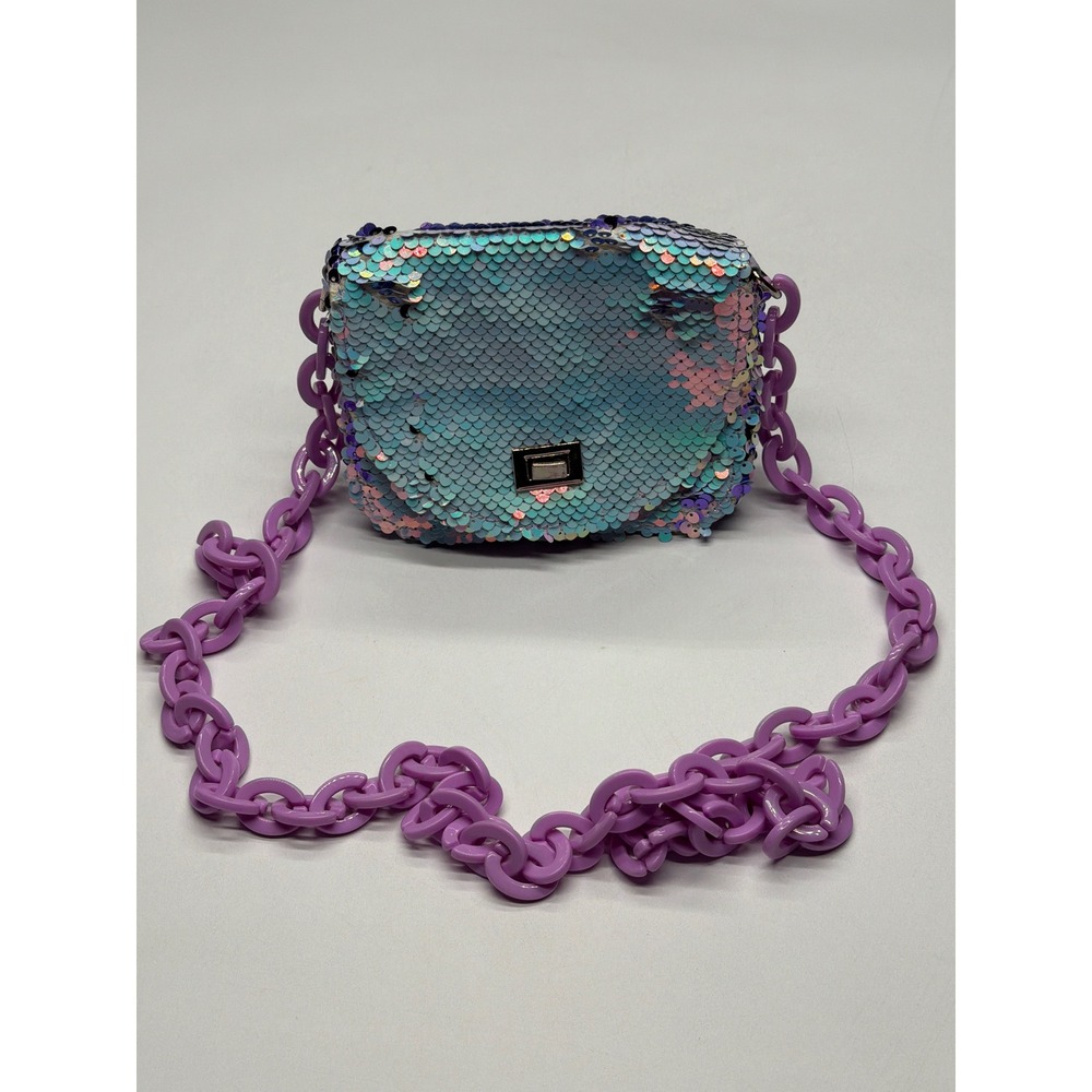 Kids Girls Iridescent Sequin‎ Mini Shoulder Bag Lavender Chain Strap
